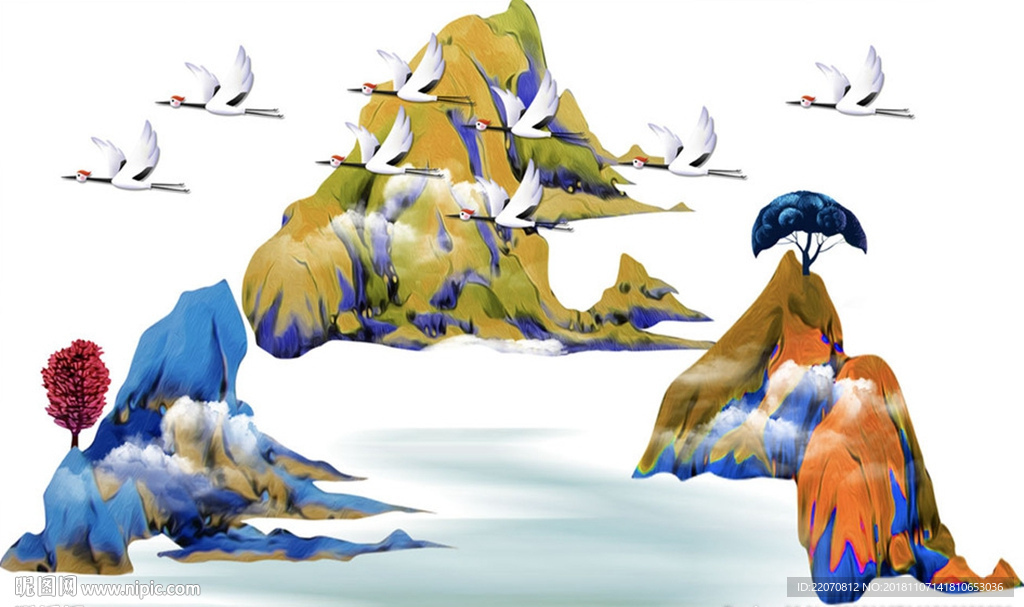 中式油画仙鹤山水抽象背景墙