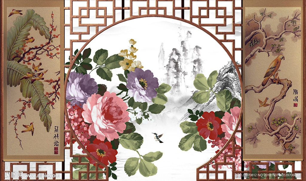 淡雅牡丹花山水背景墙