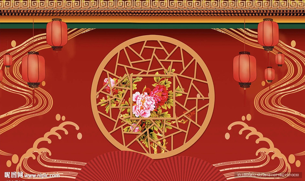 古典红色墙牡丹窗格背景墙
