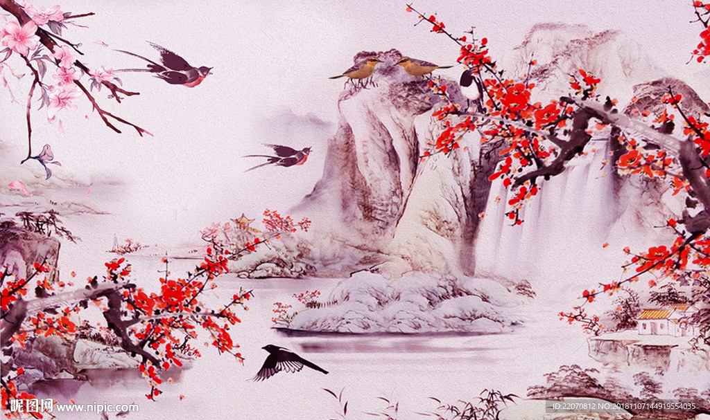 梅花山水飞鸟背景墙