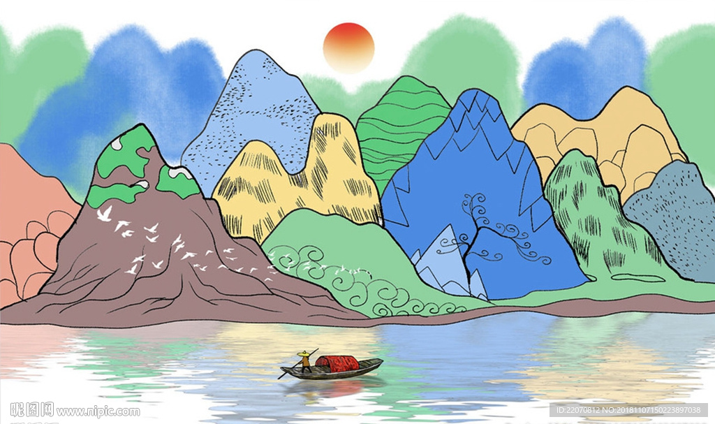 手绘新中式山水画背景墙
