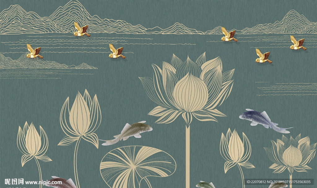 抽象线条山峰鸟儿荷花鲤鱼背景墙