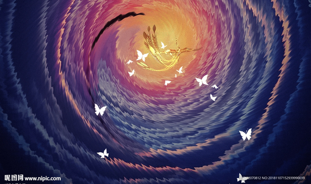唯美意境凤凰蝴蝶背景墙