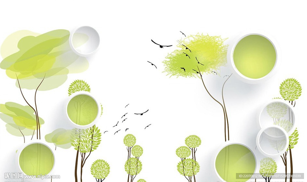 简约绿色立体圆圈飞鸟植物背景墙