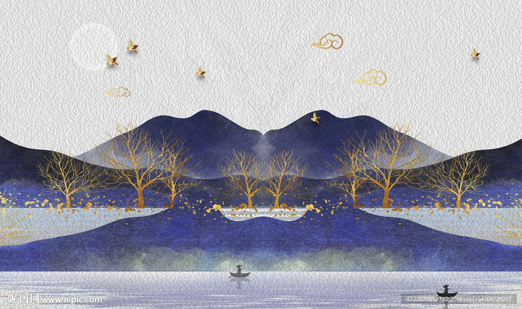蓝色山水祥云金色鸟背景墙