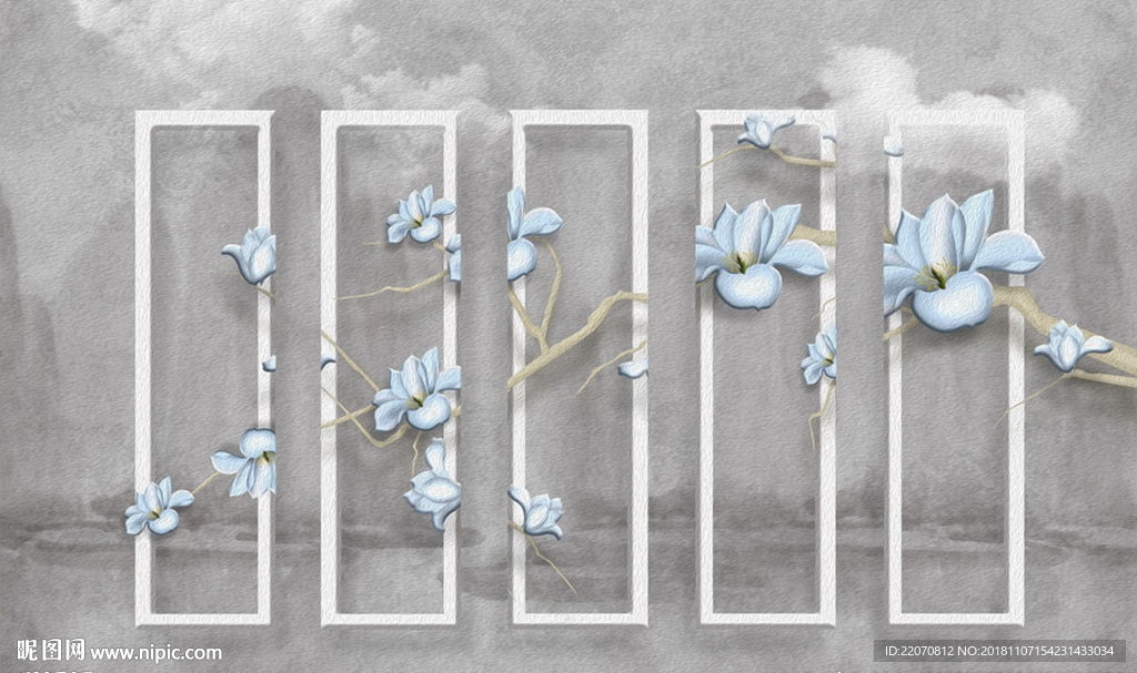 立体油画蓝色花枝背景墙