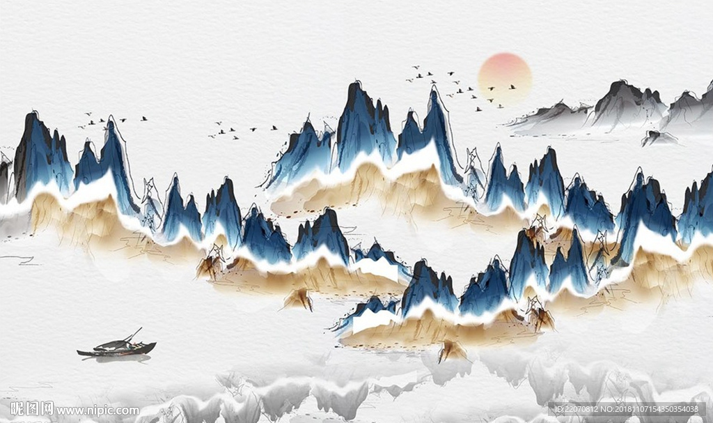 蓝色山水倒影飞鸟游船背景墙