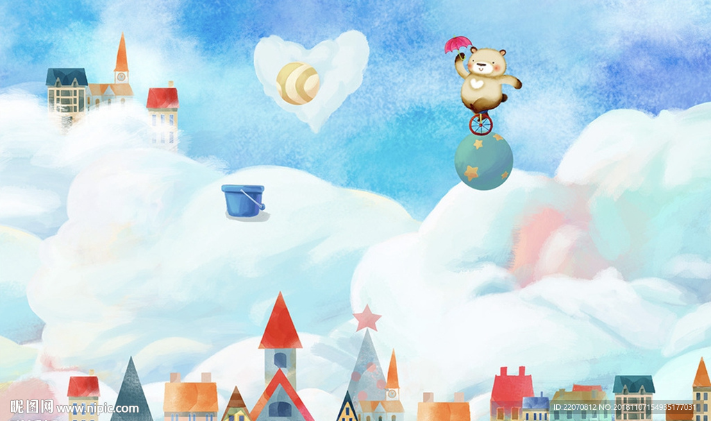 现代蓝色云朵彩绘屋童话背景墙