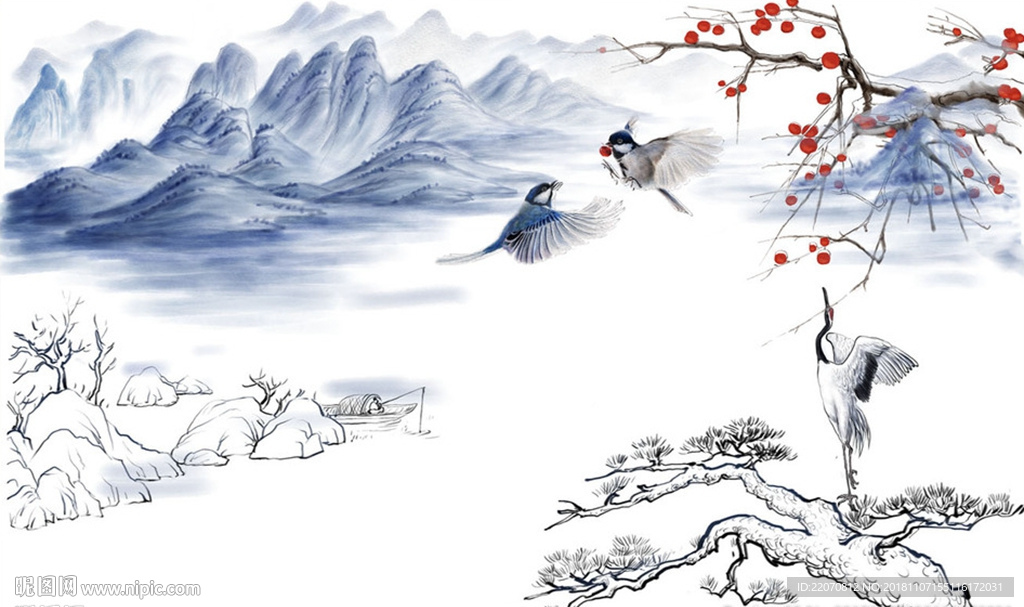 现代山水简约仙鹤小鸟背景墙