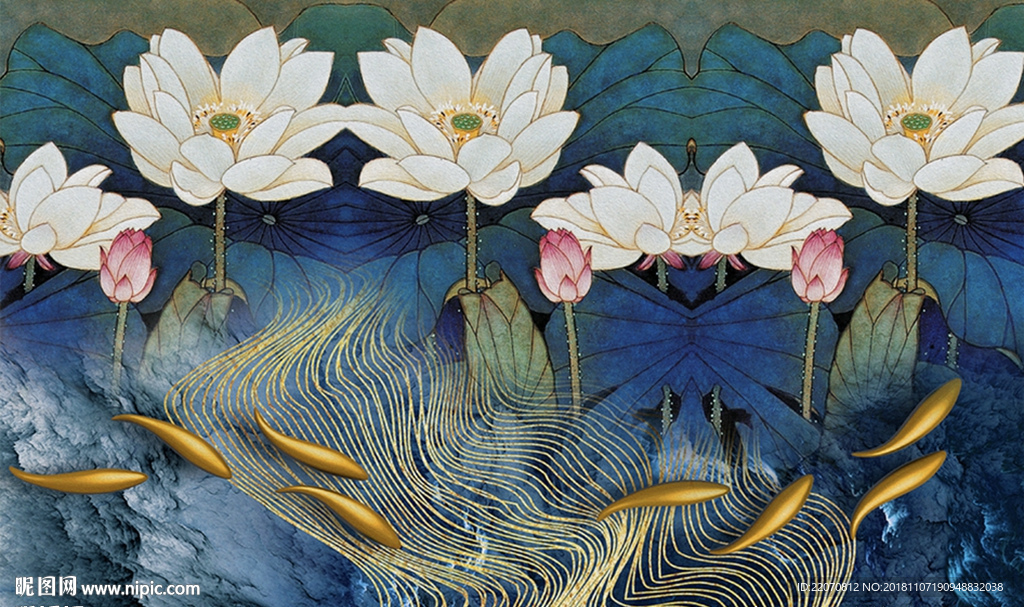 手绘荷花倒影鱼儿背景墙