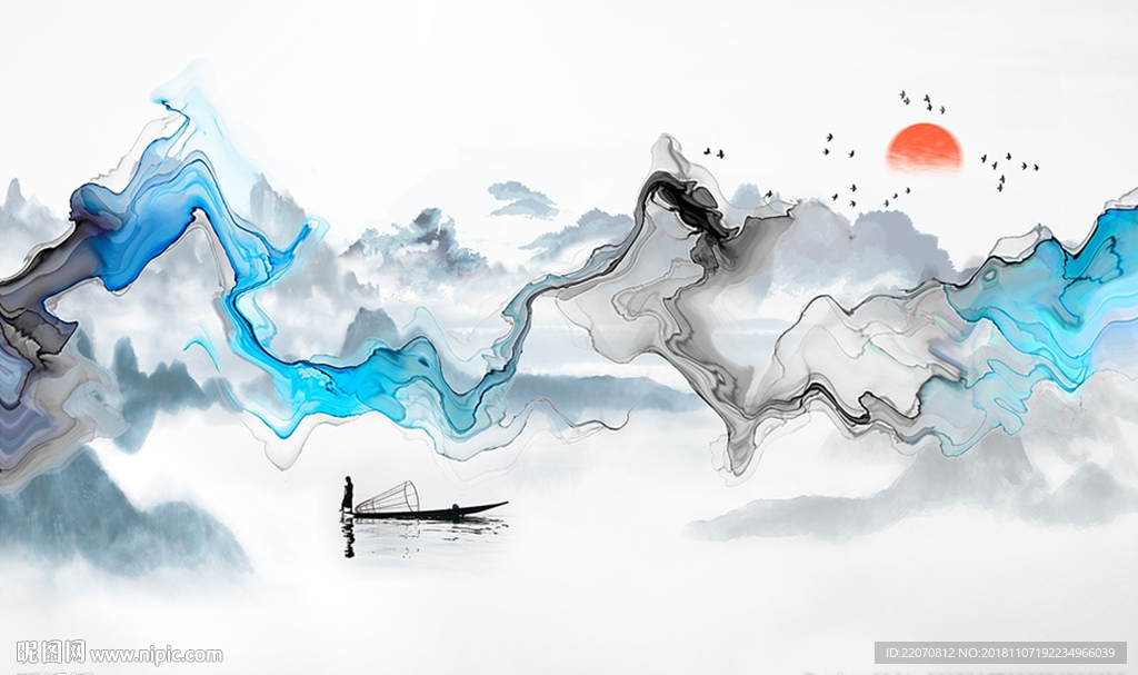 中式彩带山水小船背景墙