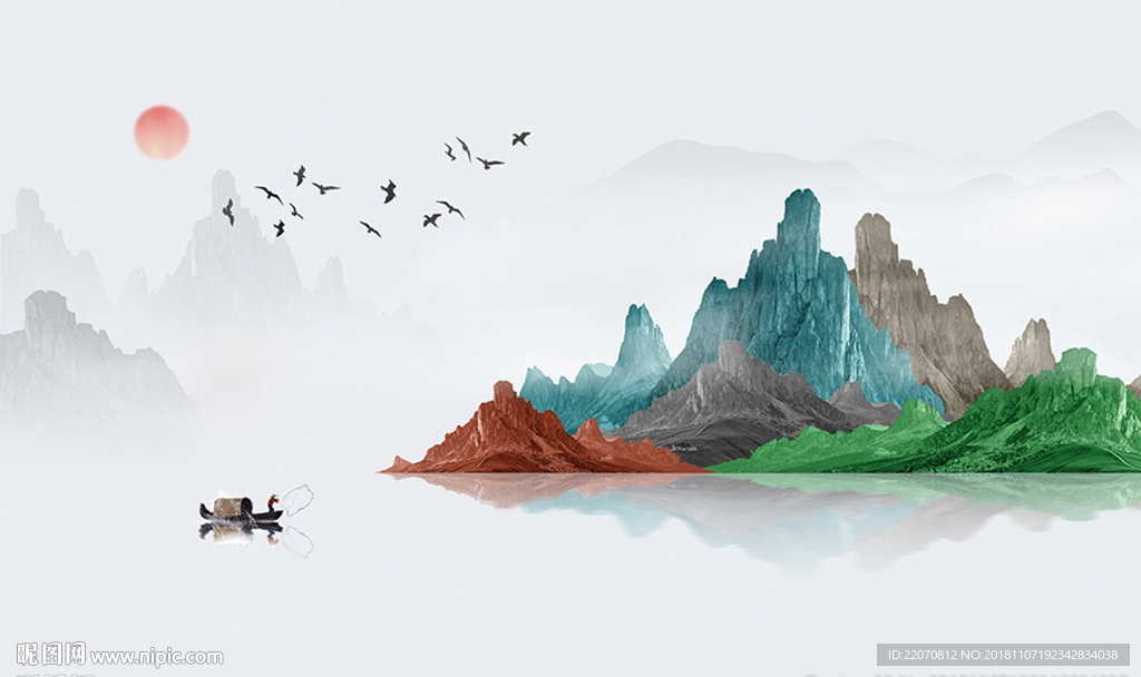 中式彩色山水小船背景墙