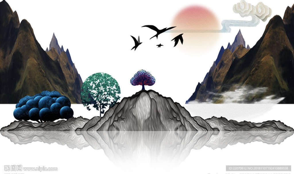 中式抽象手绘油画彩绘背景墙