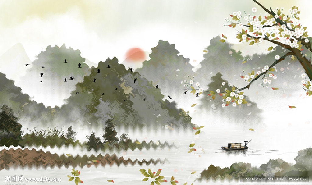 创意意境山水花枝背景墙