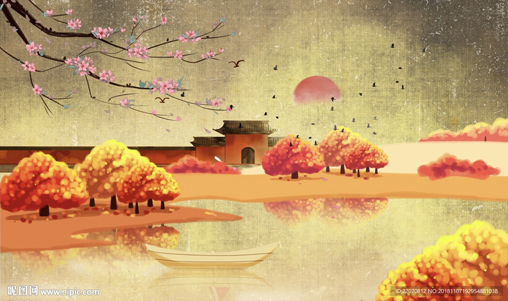 中式创意金碧辉煌秋景背景墙