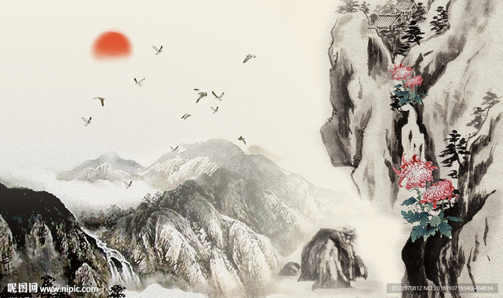 中式创意山石菊花飞鸟背景墙