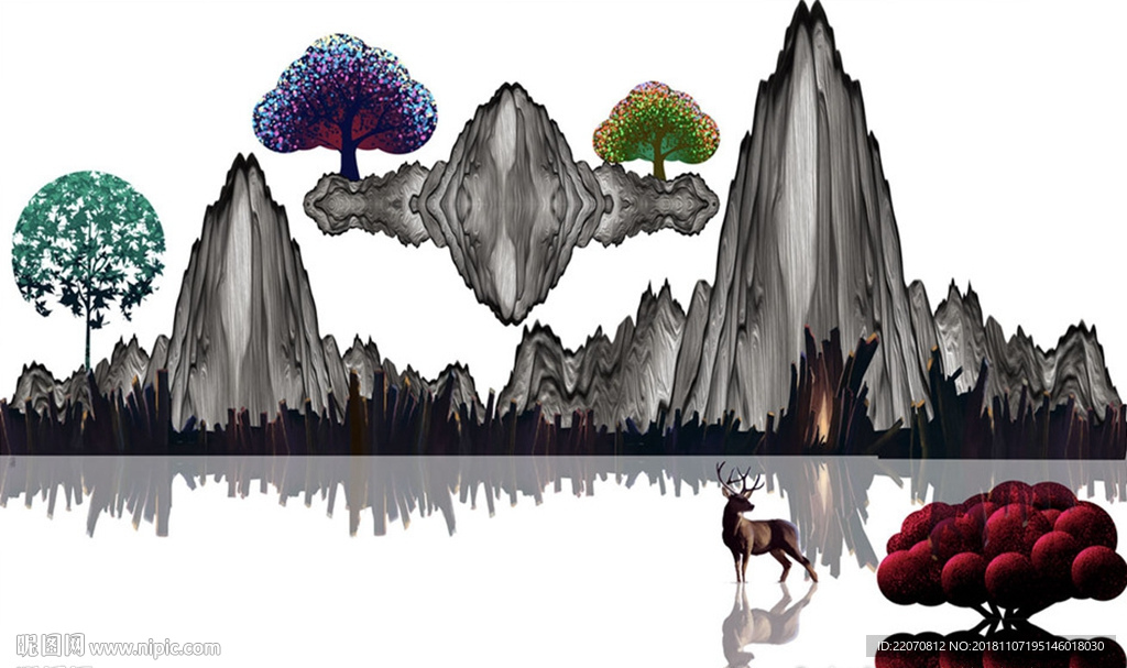 中式倒影抽象山水水墨背景墙