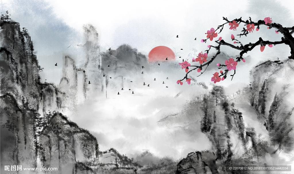 大气梅花树枝山水背景墙