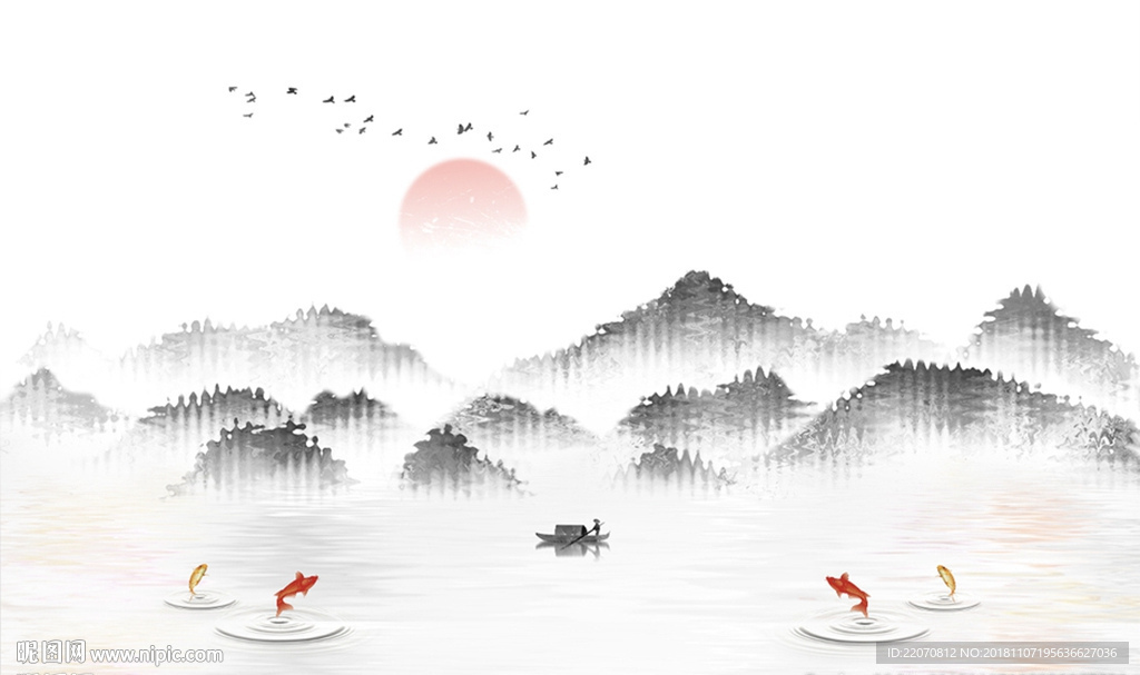 意境清新山水鲤鱼背景墙