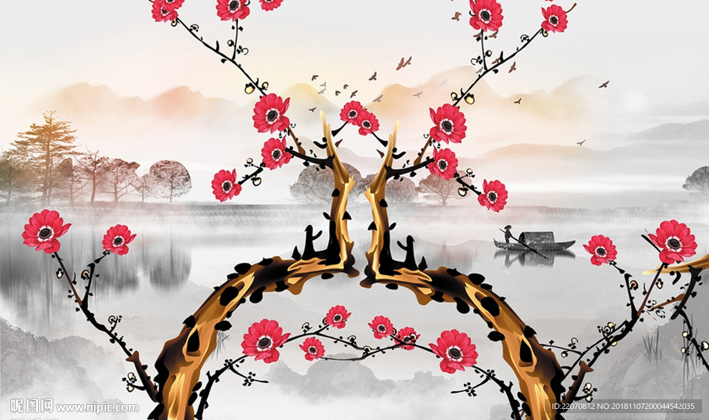 中式花卉山水背景墙