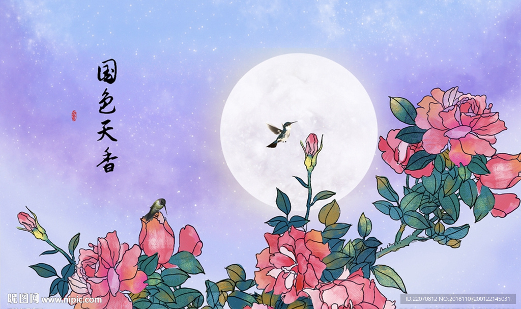 国色天香牡丹国画背景墙