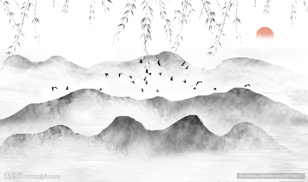 中式柳条意境清新山水背景墙