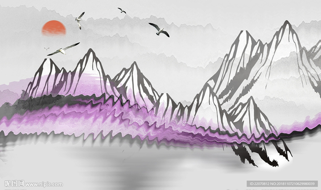 中式紫色创意波纹山峦背景墙