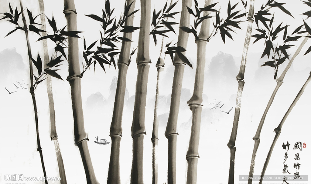 中式竹子花鸟背景墙