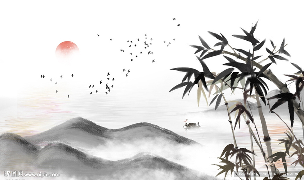 中式意境竹子山水飞鸟背景墙