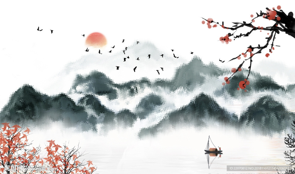 中式意境水墨山水花枝背景墙