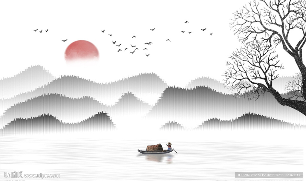 中式意境树枝山水飞鸟背景墙