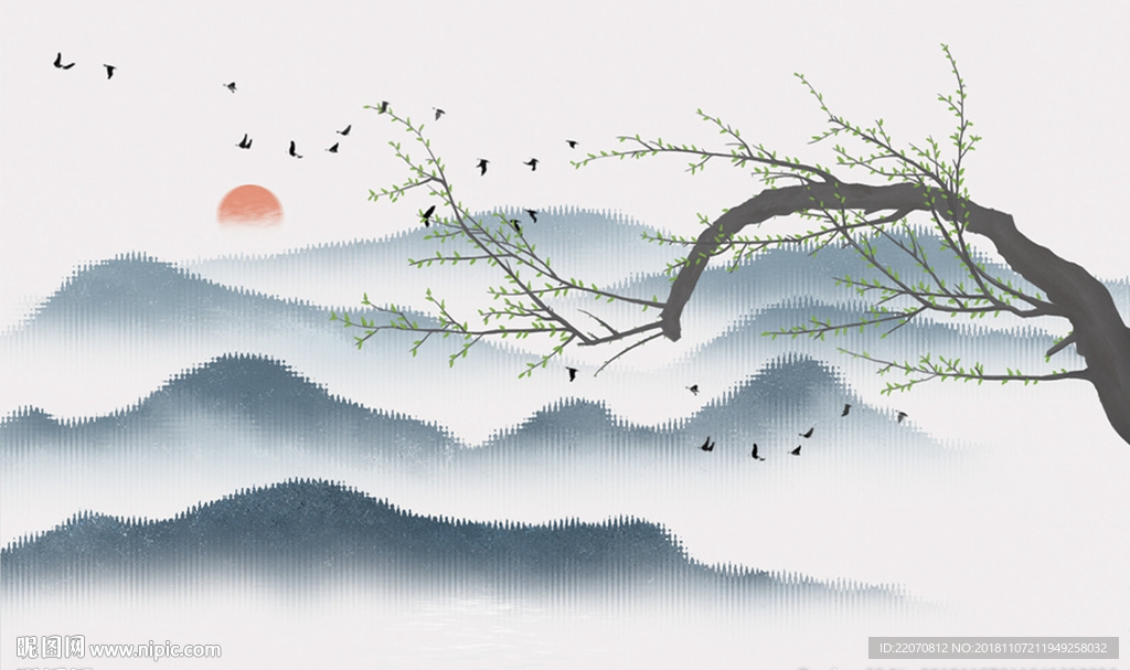 中式意境山水柳树背景墙