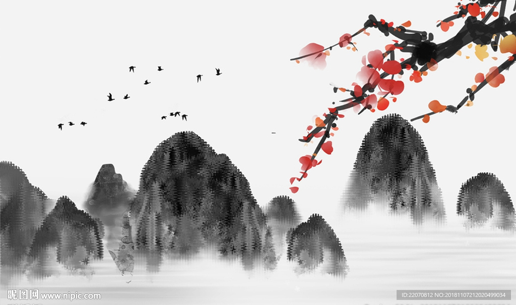 中式意境山水花枝背景墙