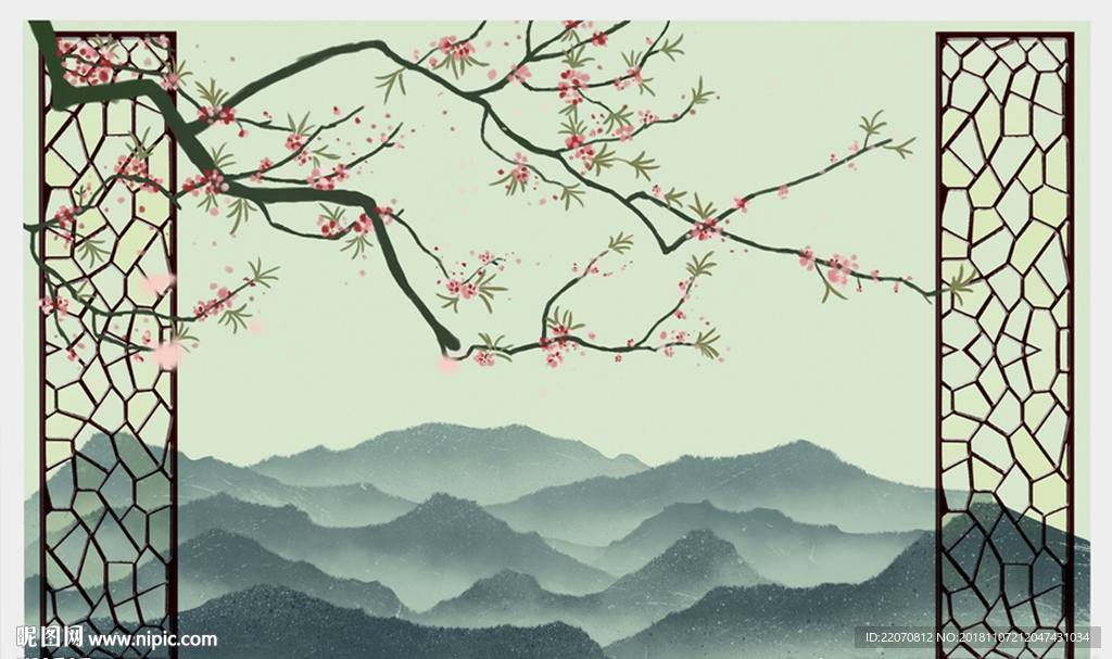 中式屏风花枝山脉背景墙