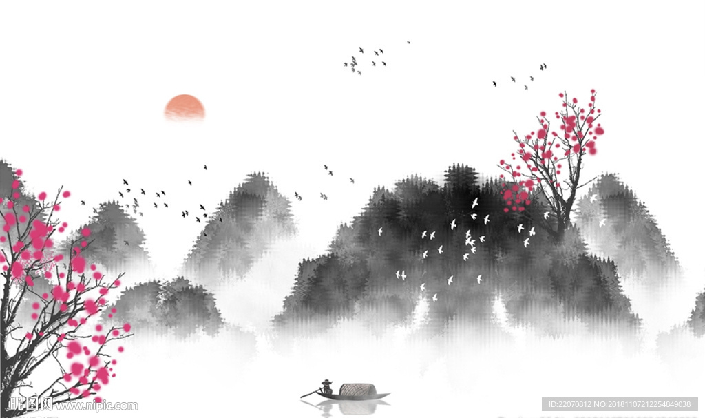 中式意境清飞鸟日出山水背景墙