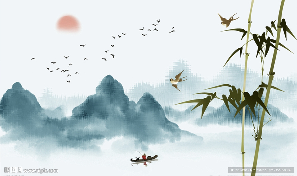 中式意境蓝色山水竹子背景墙