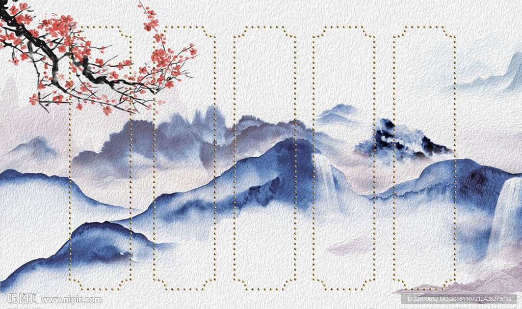 蓝色山水水墨梅花背景墙