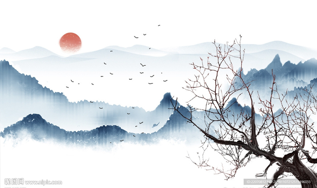 中式意境蓝色山水树枝飞鸟背景墙