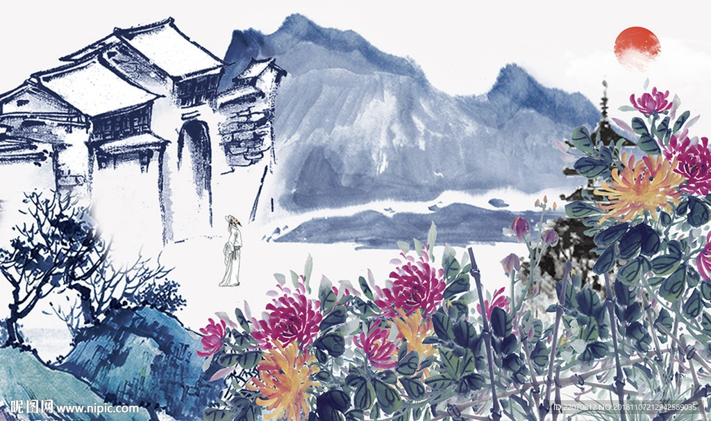 唯美水墨风景菊花背景墙