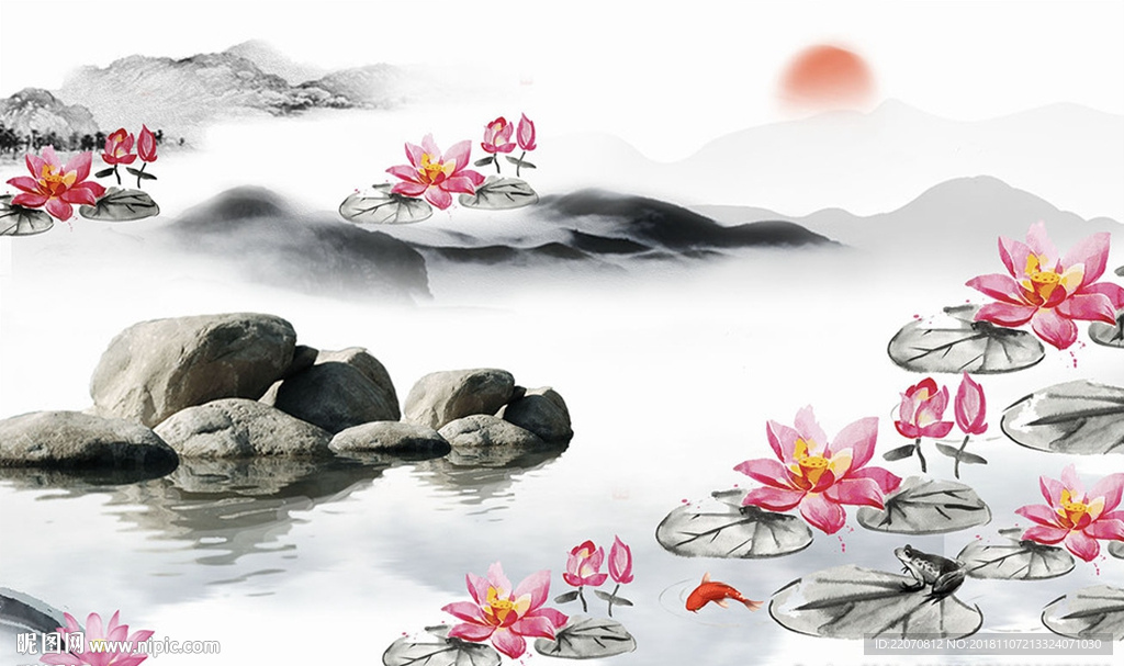 中式唯美荷花锦鲤背景墙