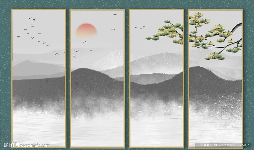 中式松枝意境清山水日出背景墙