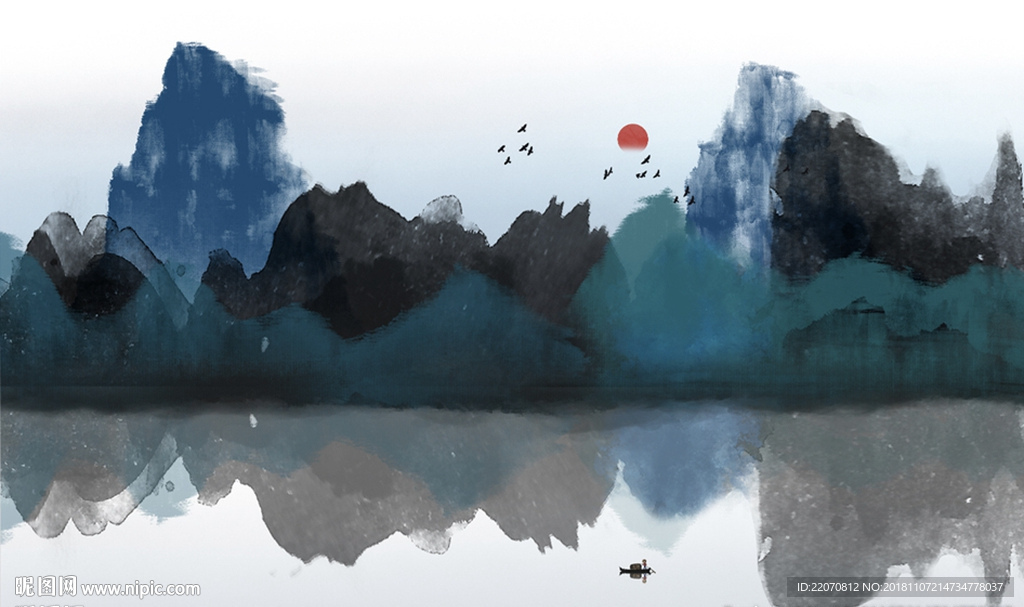 中式水墨画抽象山水壁画背景墙