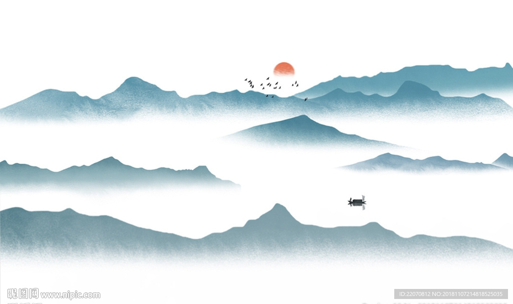 中式水墨画抽象山水背景墙