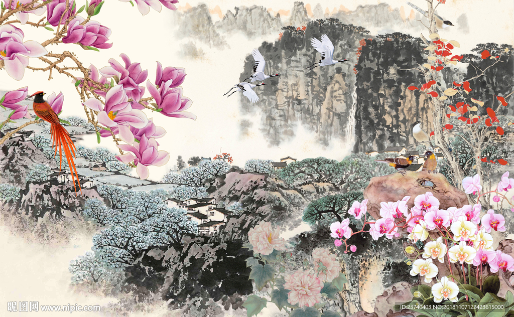 国画花鸟背景墙