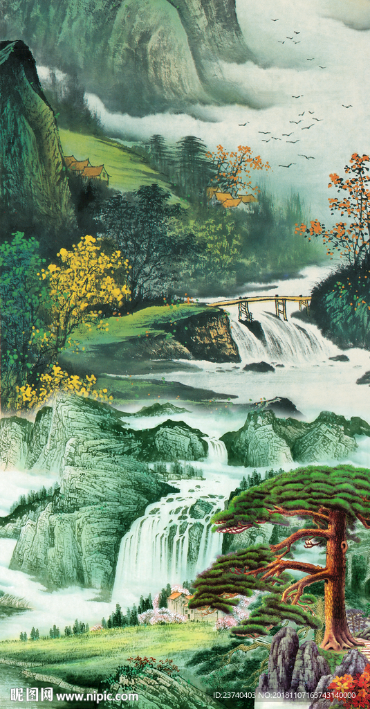 玄关背景墙 国画山水