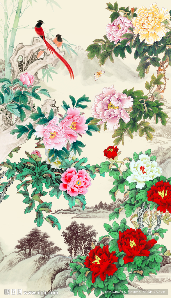 玄关背景墙牡丹国画