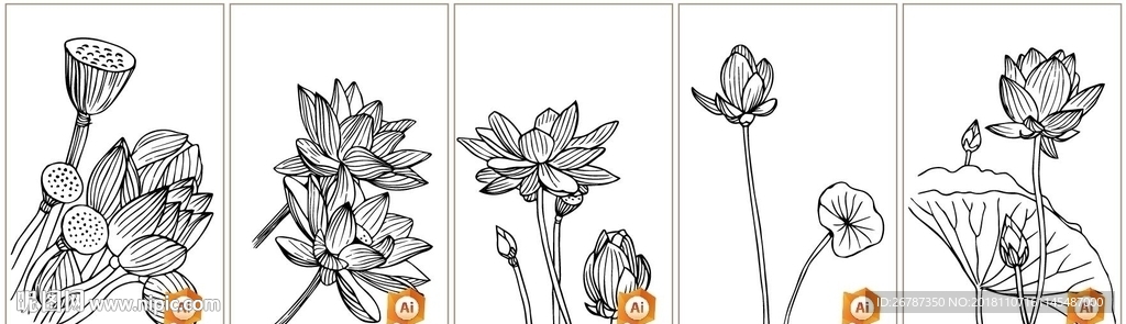 矢量手绘白描荷花系列