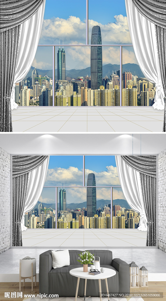 3D立体阳台窗户城市沙发背景墙
