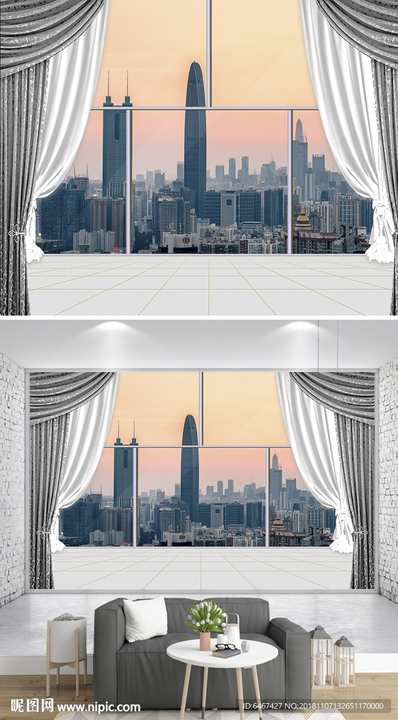 3D立体阳台窗户城市沙发背景墙