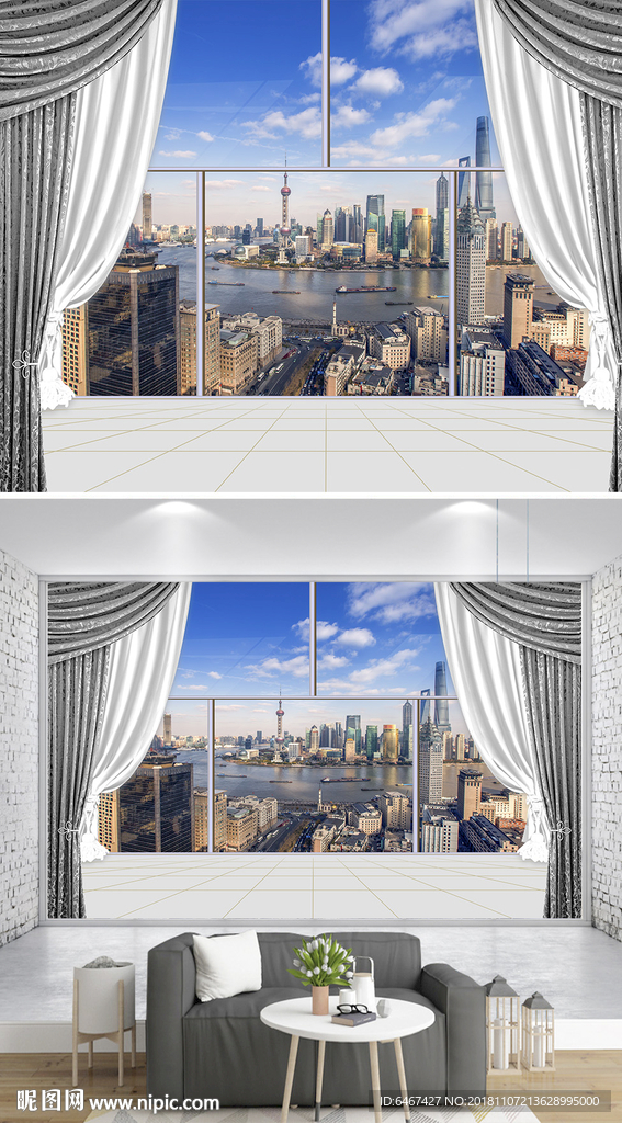3D立体阳台窗户城市沙发背景墙